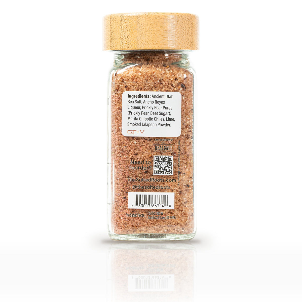 The Salted Roots Prickly Chipotle Salt, 4 oz jar, back panel with ingredients