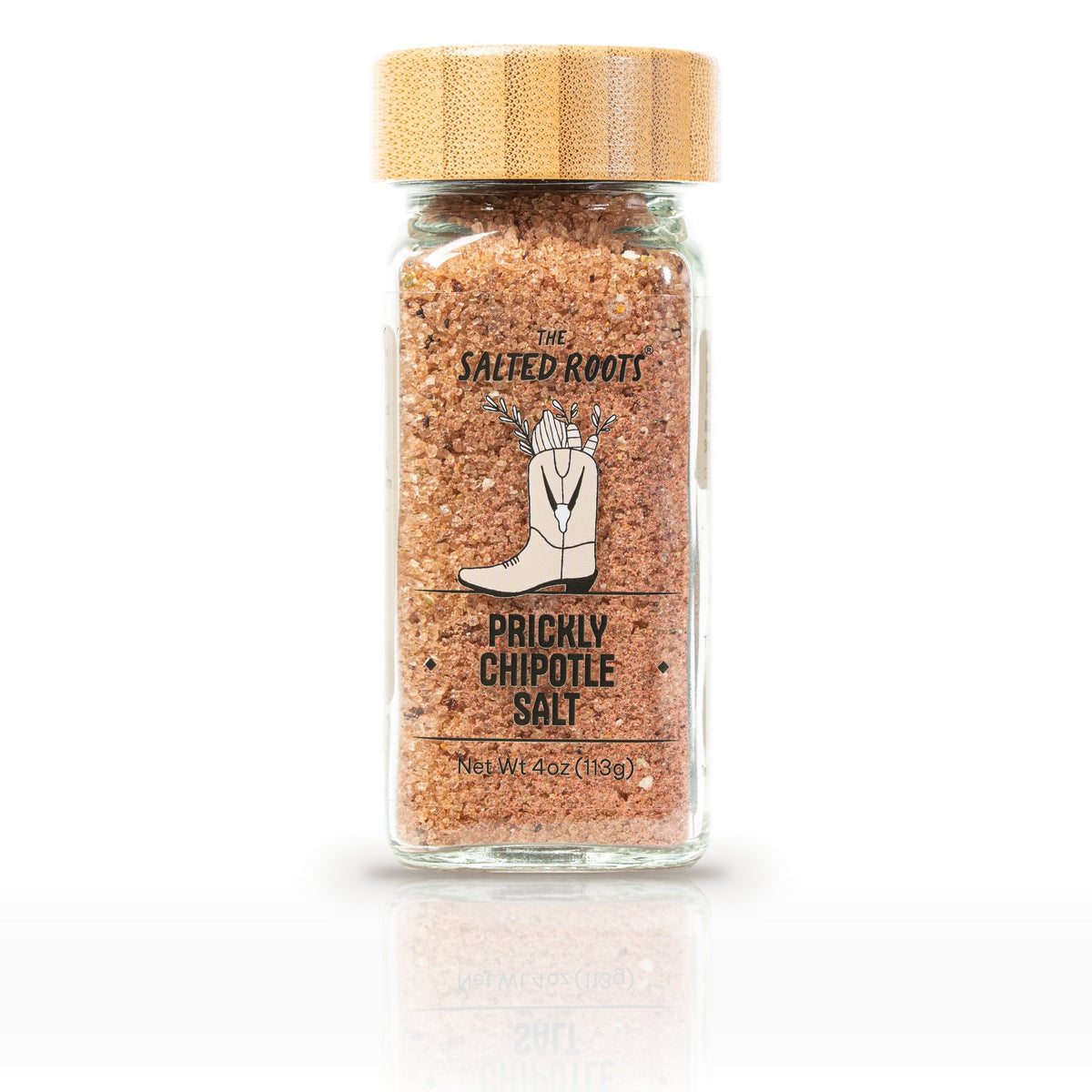 The Salted Roots Prickly Chipotle Salt, 4 oz jar, front label