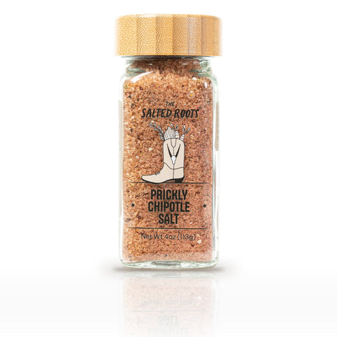 The Salted Roots Prickly Chipotle Salt, 4 oz jar, front label