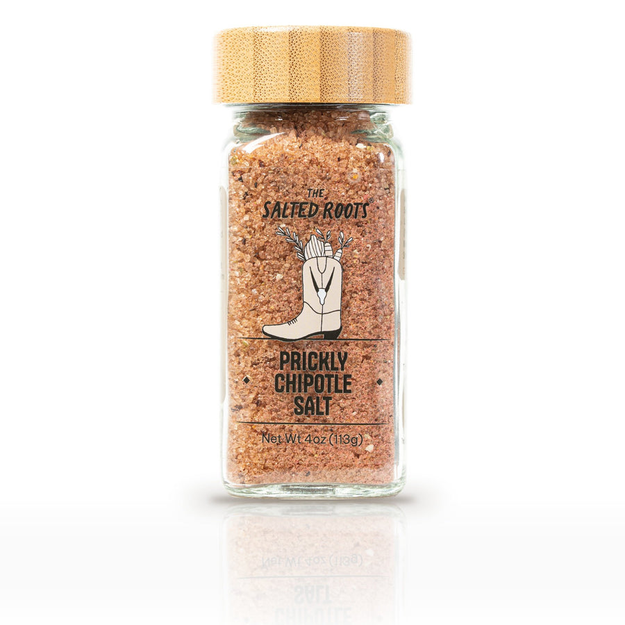 The Salted Roots Prickly Chipotle Salt, 4 oz jar, front label