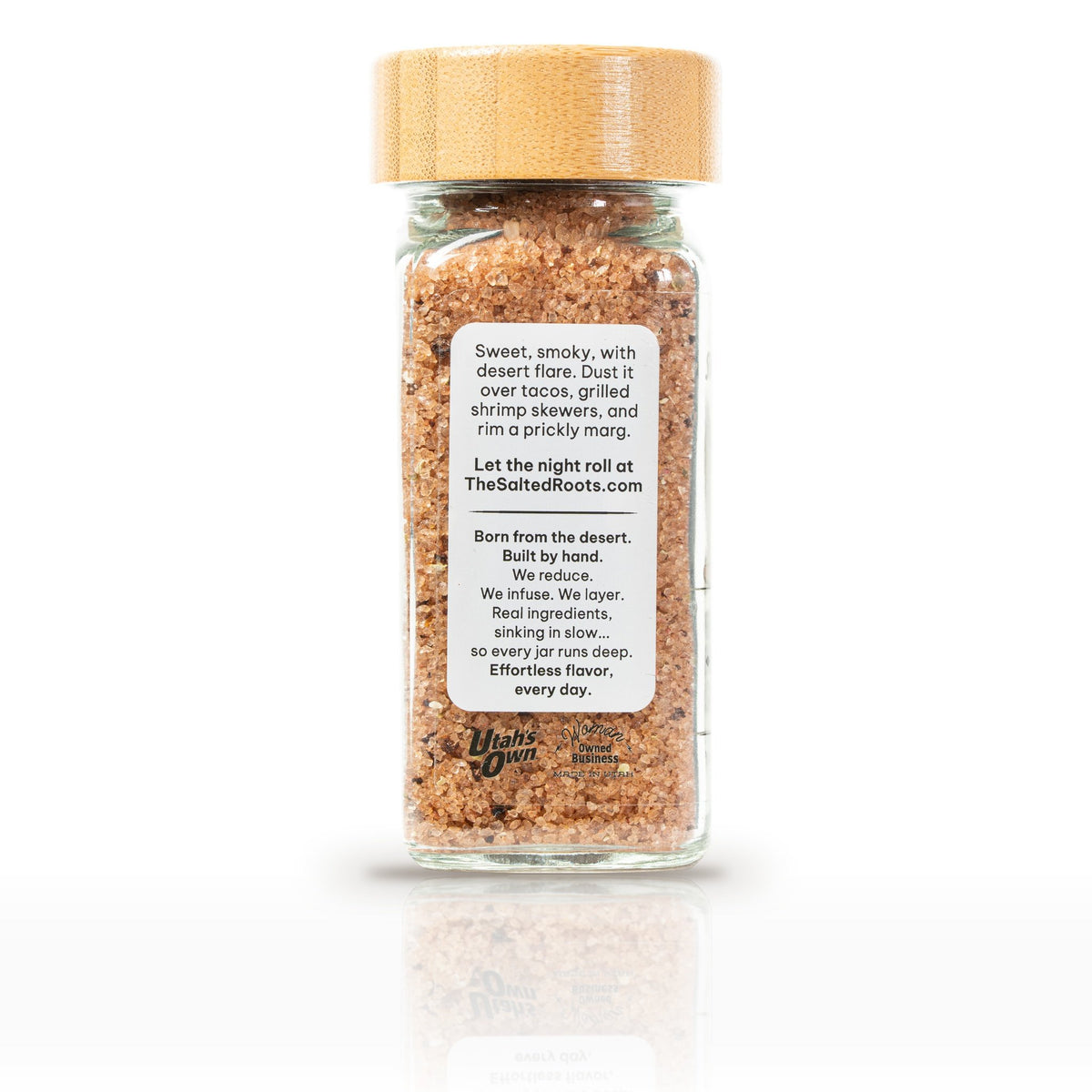 The Salted Roots Prickly Chipotle Salt, 4 oz jar, side panel with serving ideas