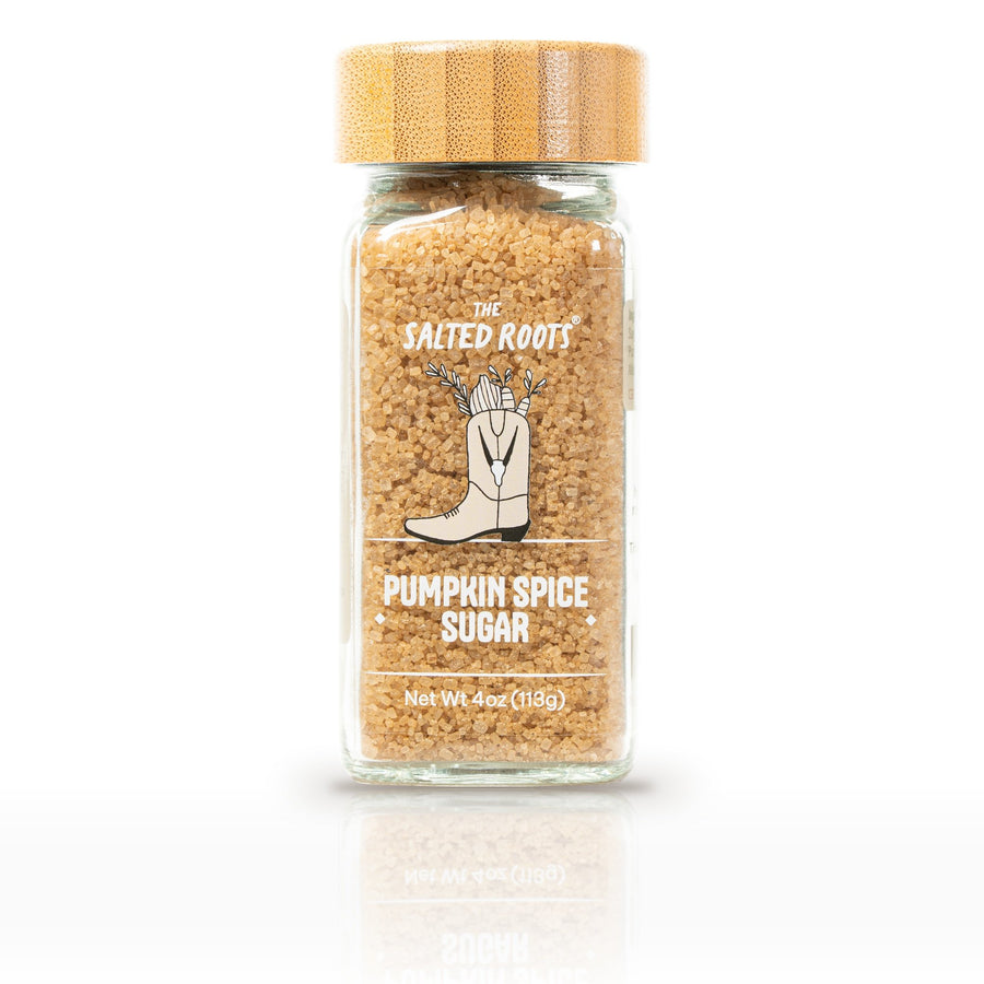 The Salted Roots Pumpkin Spice Sugar, 4 oz jar, front label