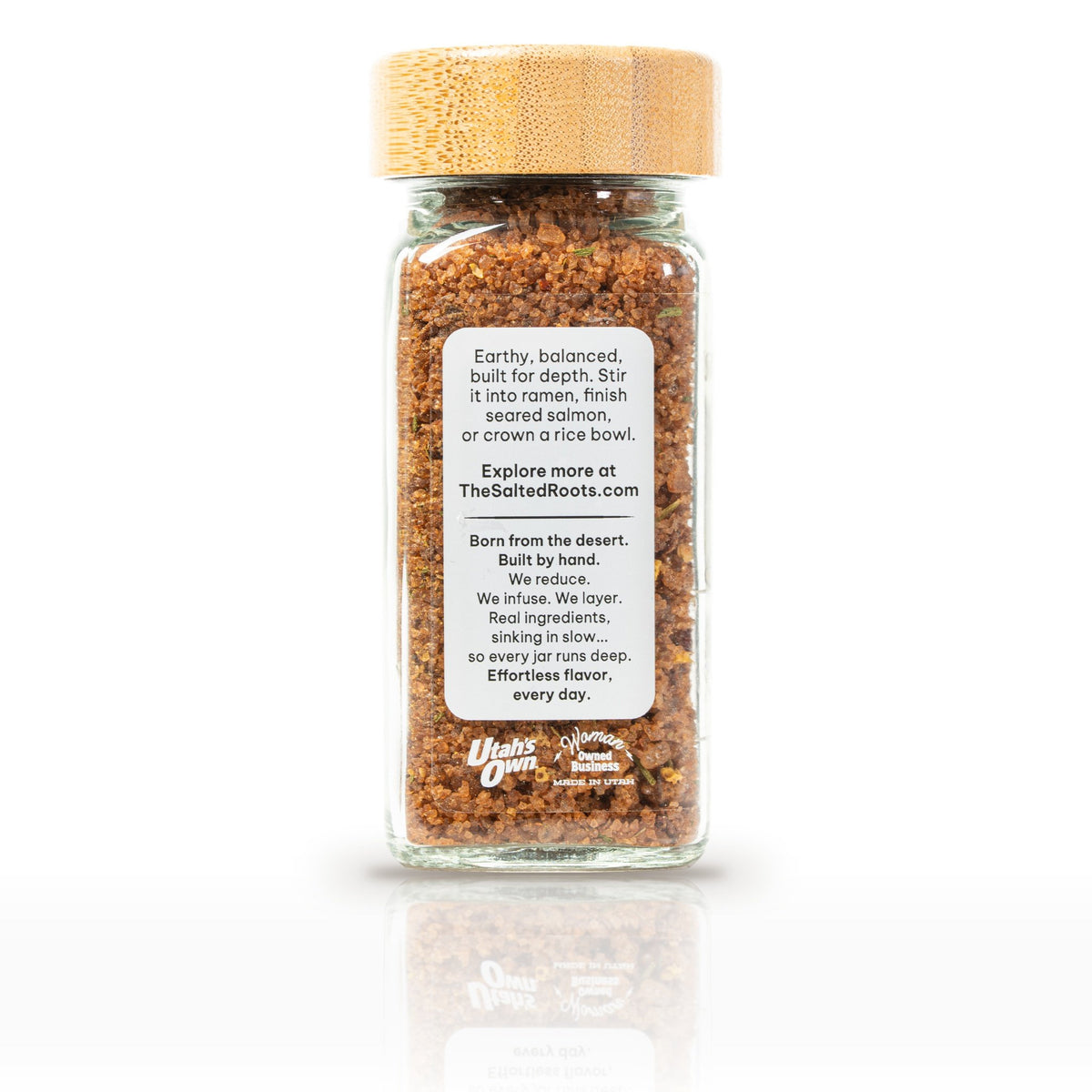 The Salted Roots Red Rock Zen, 4 oz jar, side panel with serving ideas
