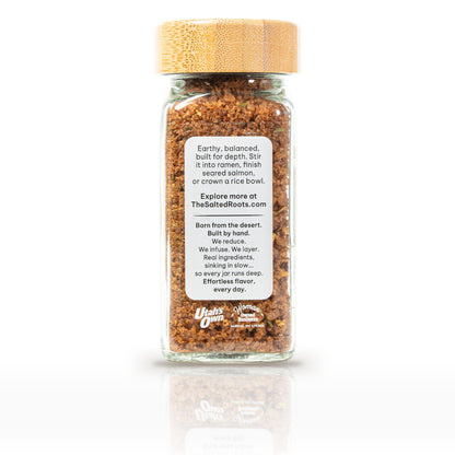 The Salted Roots Red Rock Zen, 4 oz jar, side panel with serving ideas