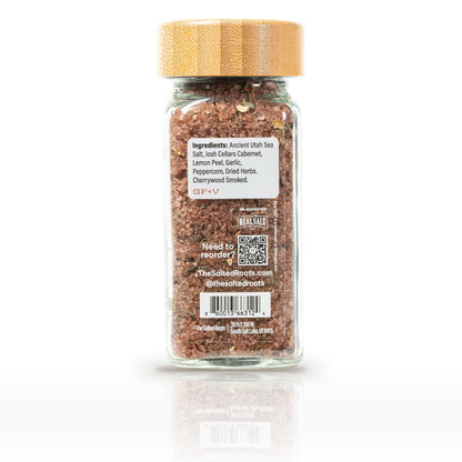 The Salted Roots Red Wine Salt, 4 oz jar, back panel with ingredients