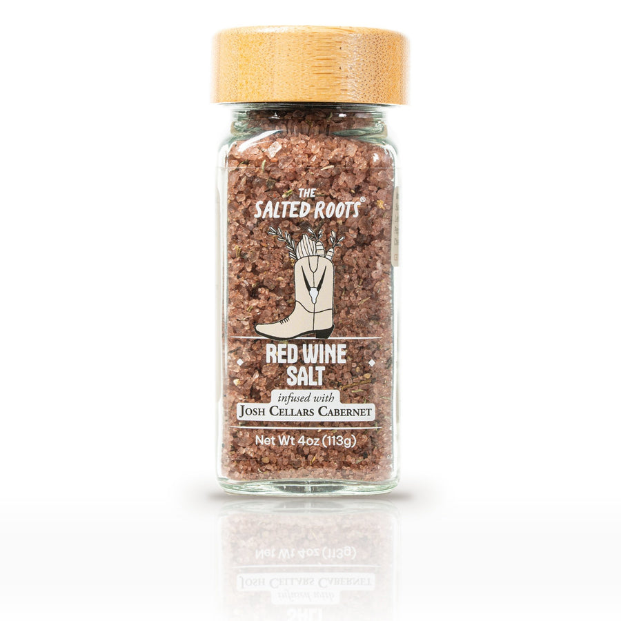 The Salted Roots Red Wine Salt, 4 oz jar, front label