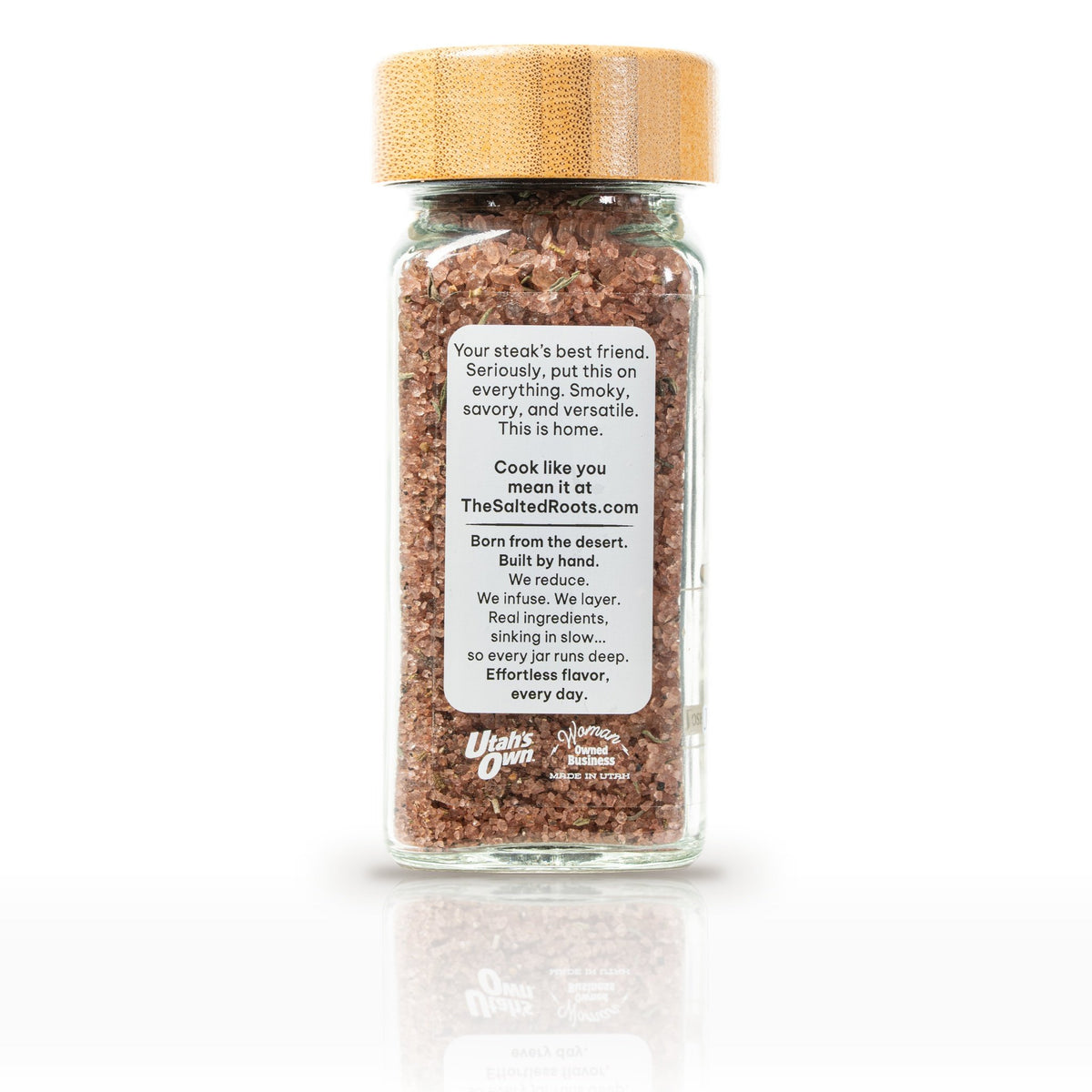 The Salted Roots Red Wine Salt, 4 oz jar, side panel with serving ideas