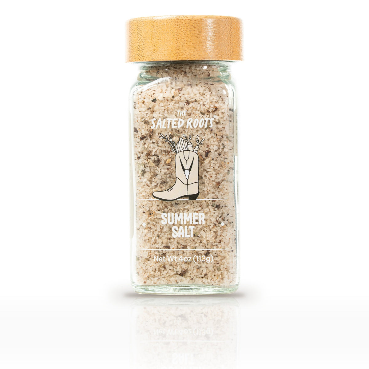 The Salted Roots Summer Salt, 4 oz jar, front label