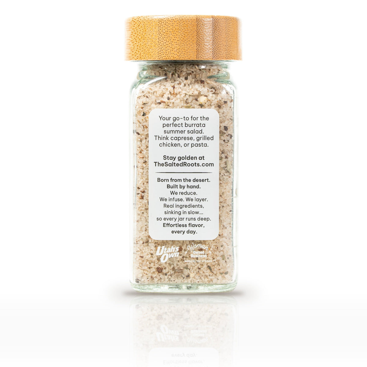The Salted Roots Summer Salt, 4 oz jar, side panel with serving ideas