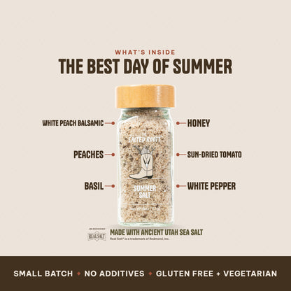 What's inside The Salted Roots Summer Salt: White Peach Balsamic, Peaches, Basil, Honey, Sun-Dried Tomato, White Pepper, made with Ancient Utah Sea Salt, Redmond Real Salt®.