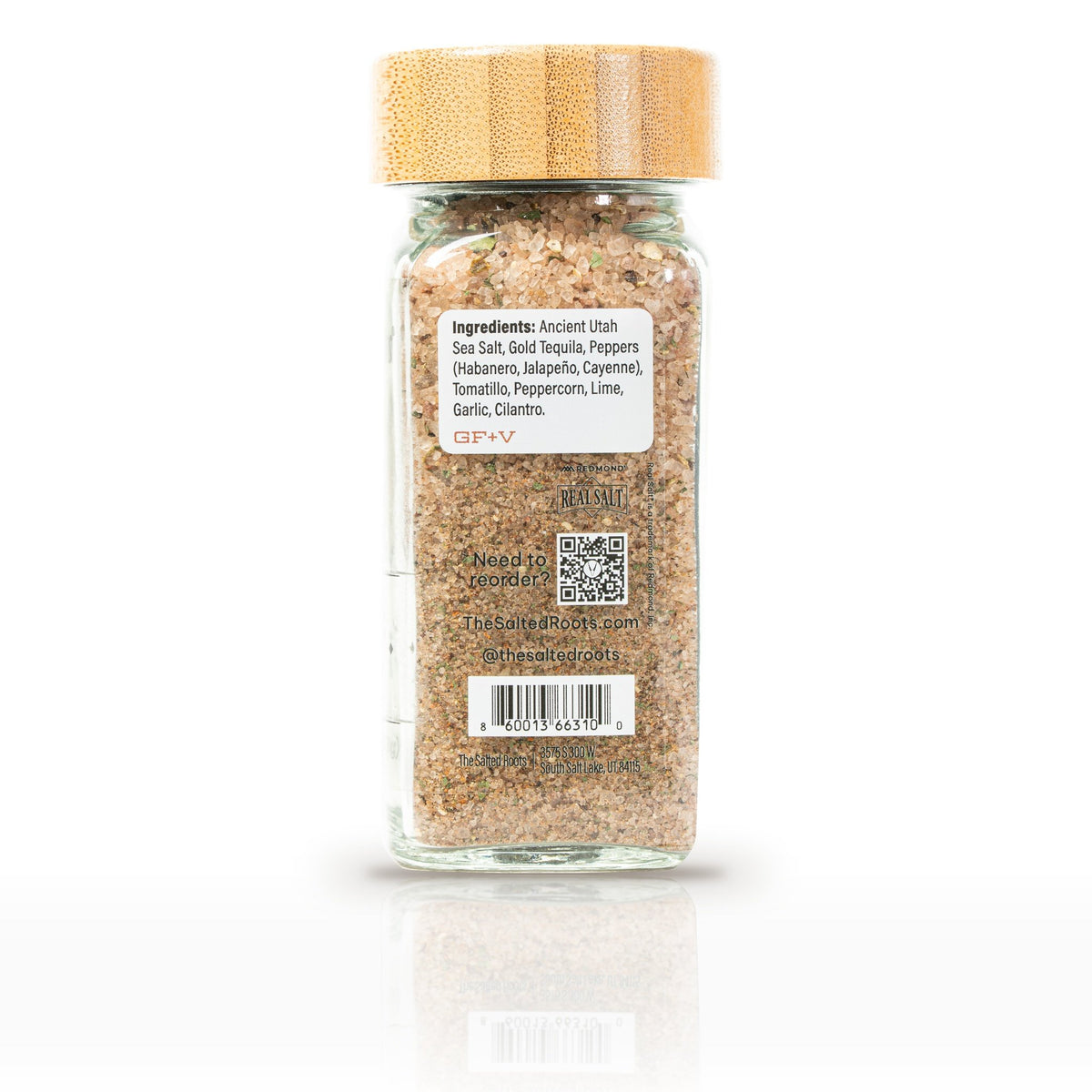The Salted Roots Tequila Salt, 4 oz jar, back panel with ingredients