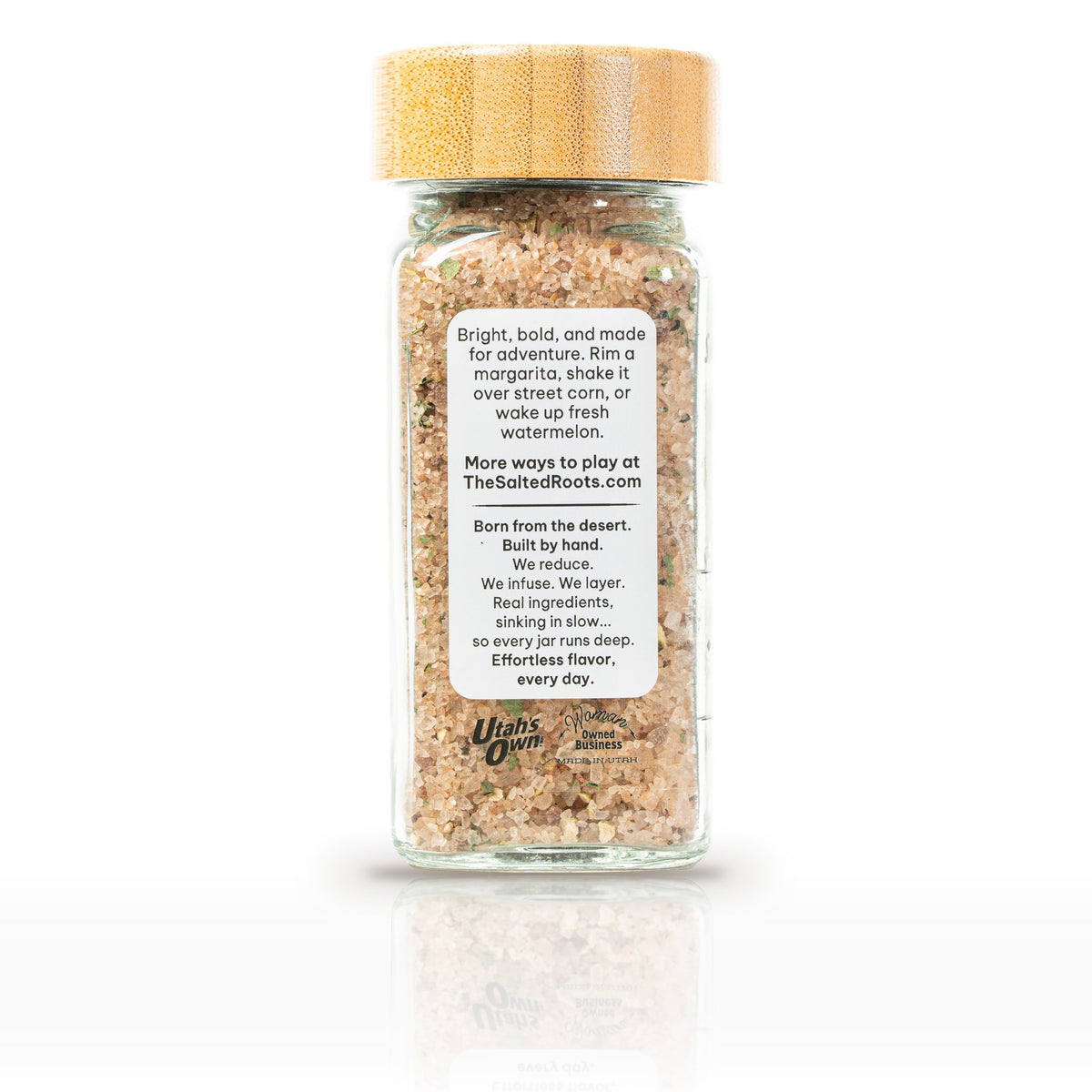 The Salted Roots Tequila Salt, 4 oz jar, side panel with serving ideas