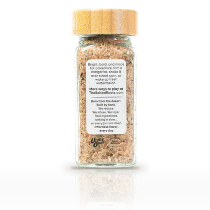 The Salted Roots Tequila Salt, 4 oz jar, side panel with serving ideas