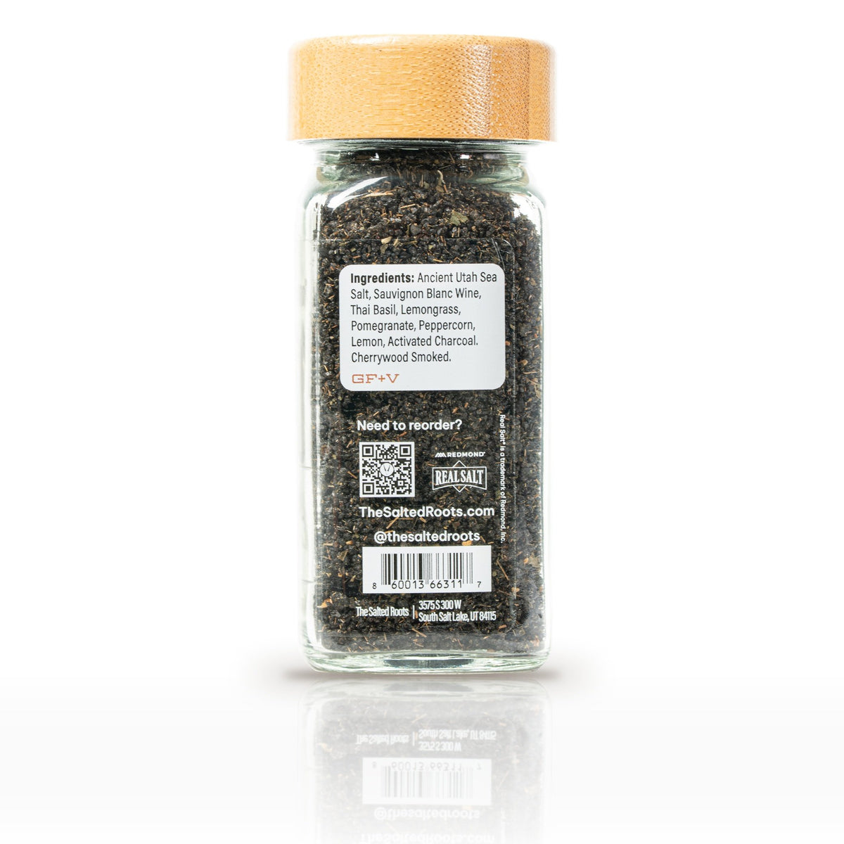 The Salted Roots Thai Basil Salt, 4 oz jar, back panel with ingredients
