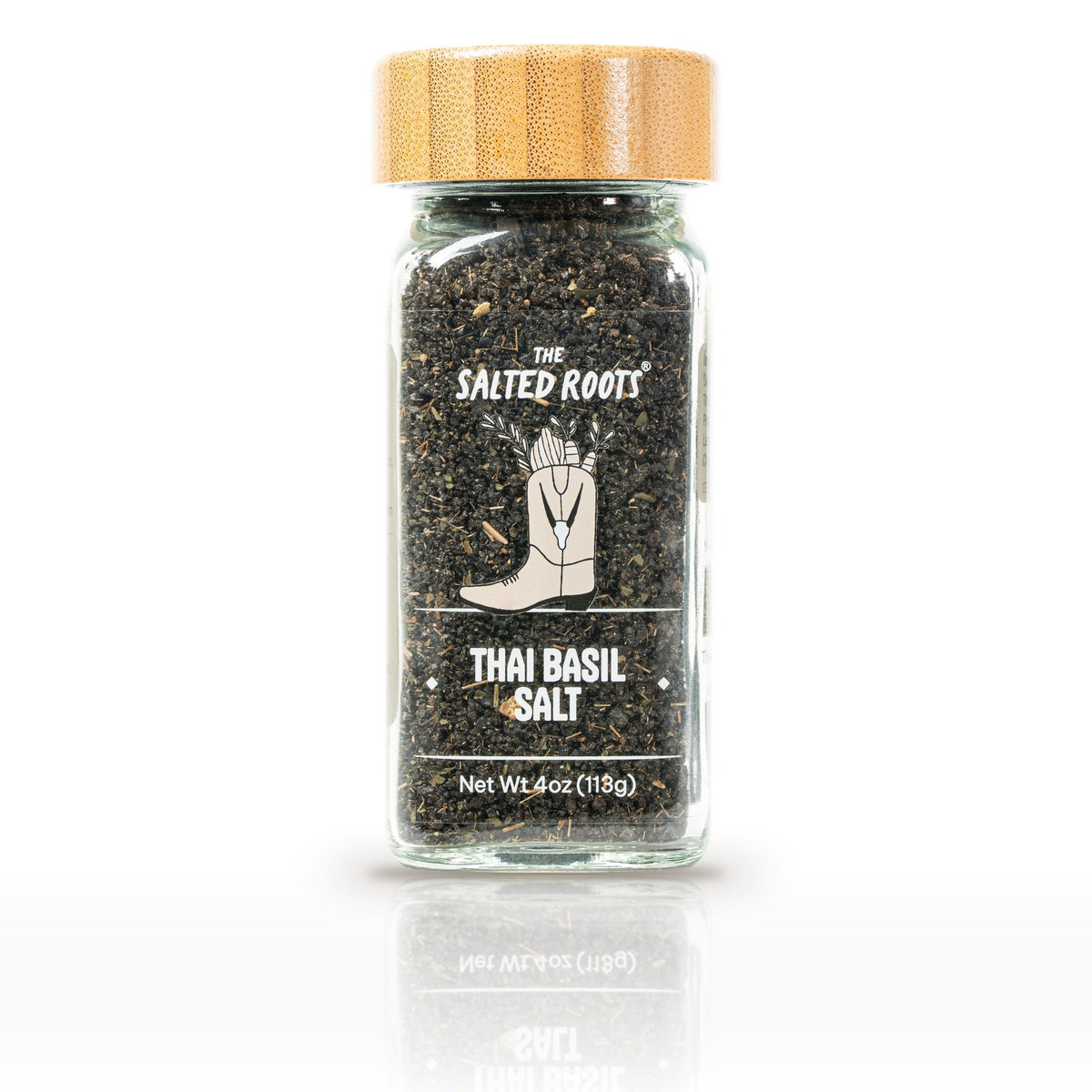 The Salted Roots Thai Basil Salt, 4 oz jar, front label