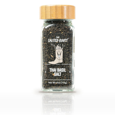 The Salted Roots Thai Basil Salt, 4 oz jar, front label