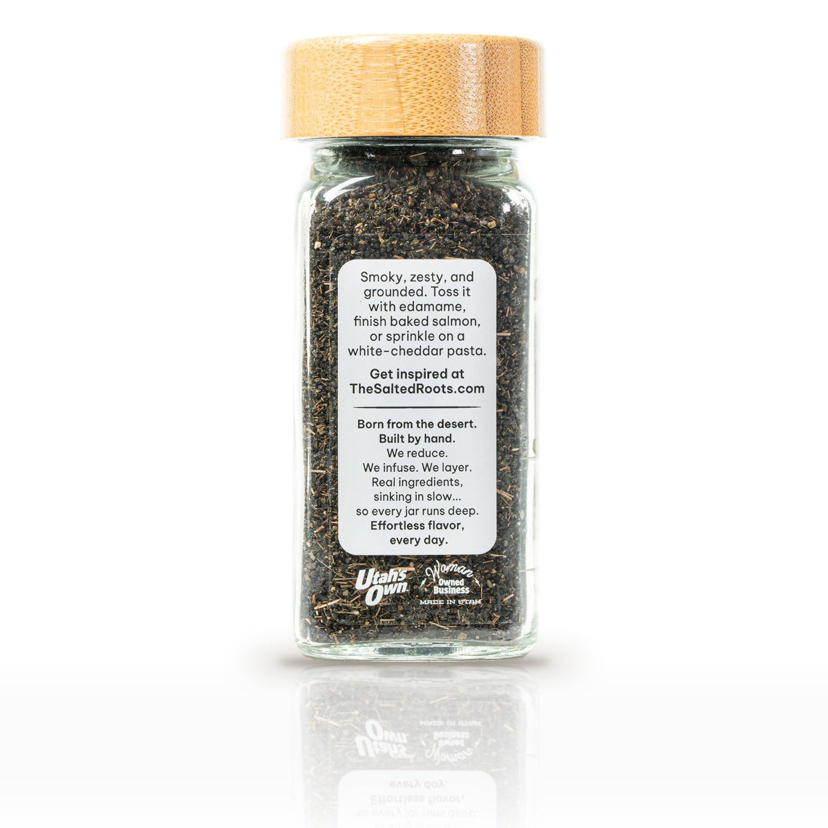 The Salted Roots Thai Basil Salt, 4 oz jar, side panel with serving ideas