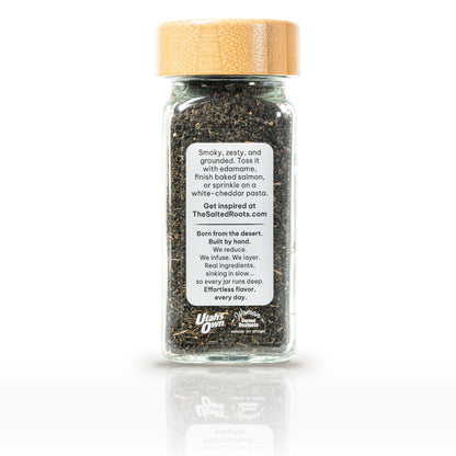 The Salted Roots Thai Basil Salt, 4 oz jar, side panel with serving ideas