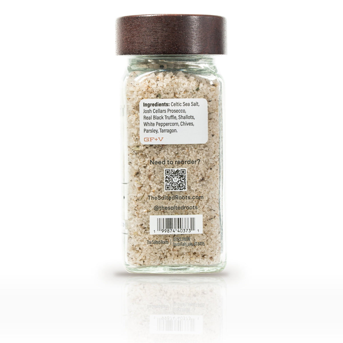 The Salted Roots Truffle Salt, 4 oz jar, back panel with ingredients