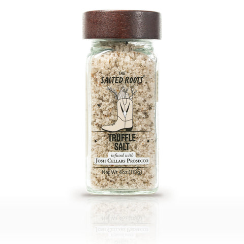 The Salted Roots Truffle Salt, 4 oz jar, front label