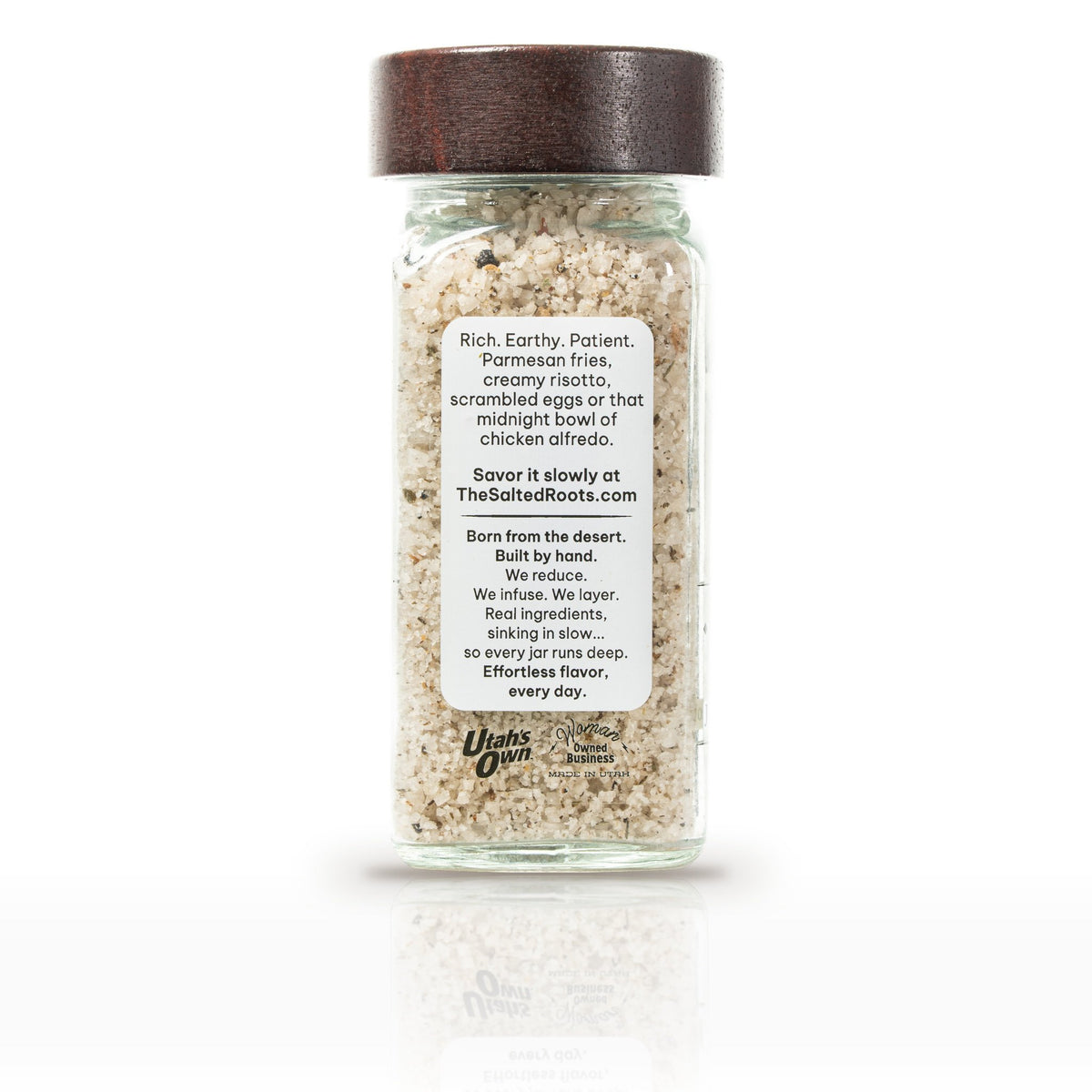 The Salted Roots Truffle Salt, 4 oz jar, side panel with serving ideas