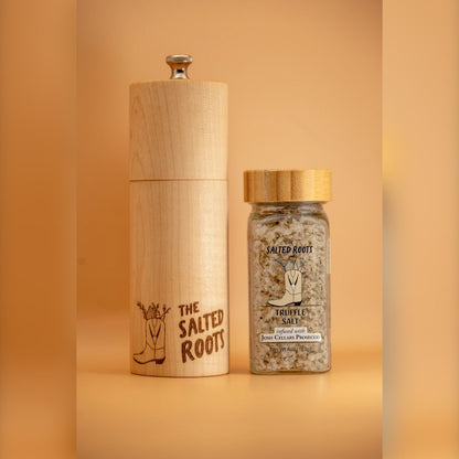 Jar of The Salted Roots Truffle Salt + Grinder, a truffle infused sea salt with grinder