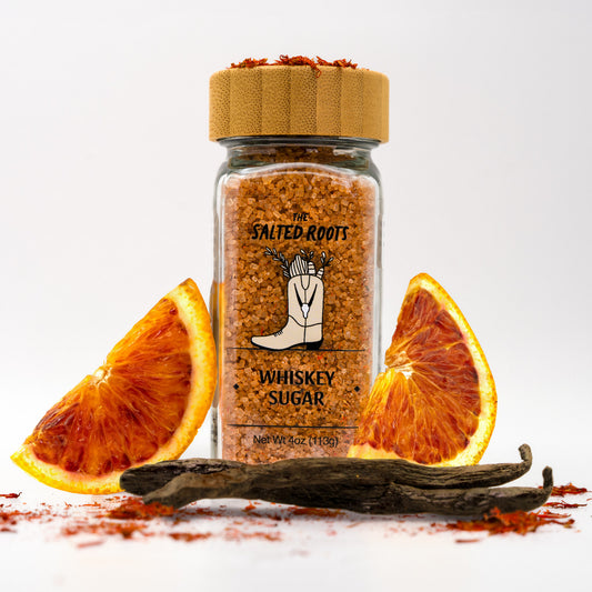 The Salted Roots Whiskey Sugar jar — whiskey-infused finishing sugar