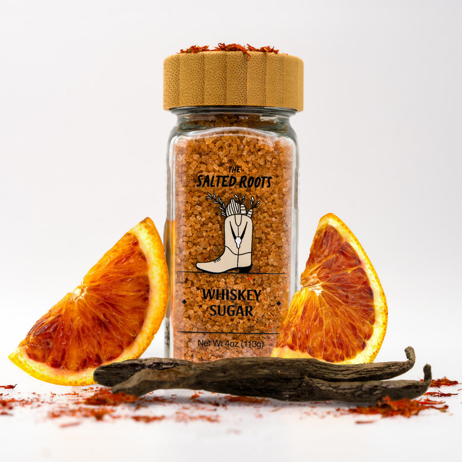 The Salted Roots Whiskey Sugar jar — whiskey-infused finishing sugar